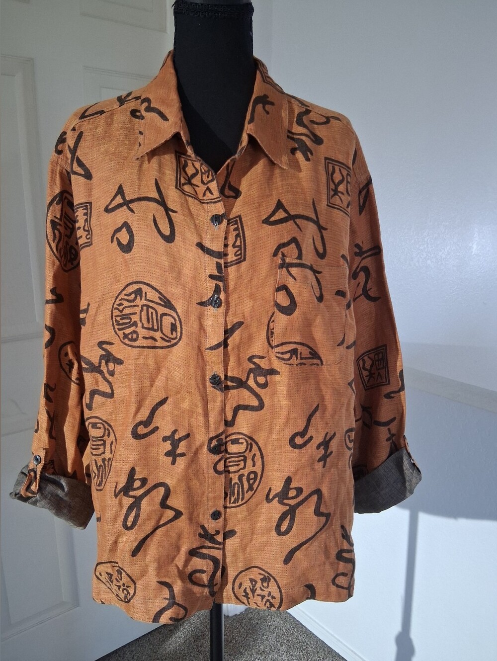 Rust-Brown Printed Linen Button-Up Blouse